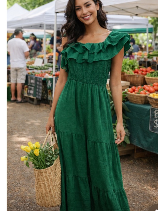 Chic Nation Dresses & Skirts - Farmers market Green Off Shoulder Ruffle Maxi Dress Boho Tiered Midi Dress   Des